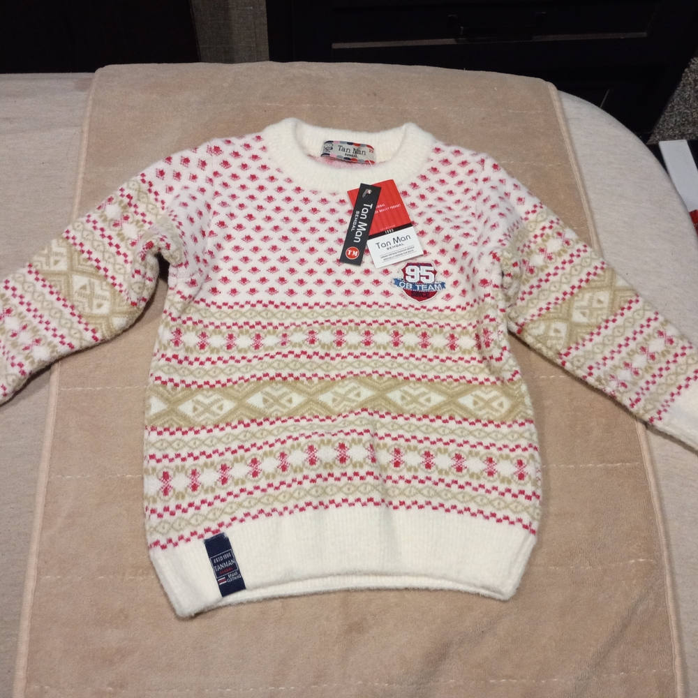 Kids Tan Man Cream & Pink Patterned Knit Sweater Size 22 (4T/5T) New With Tags